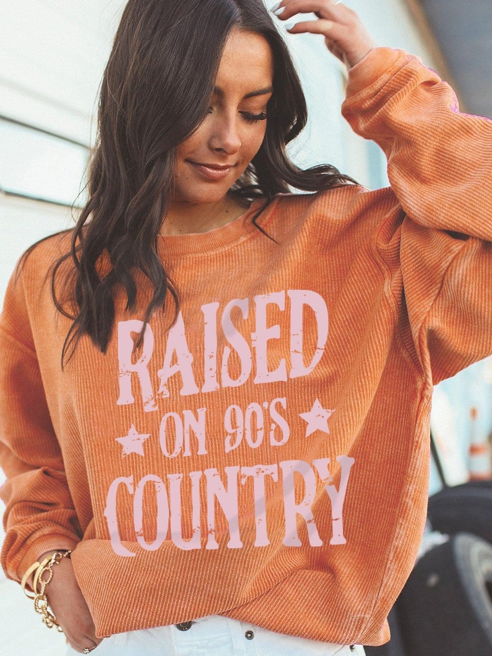 Vibrant Orange Ribbed Long Sleeve Graphic Oversized Sweater