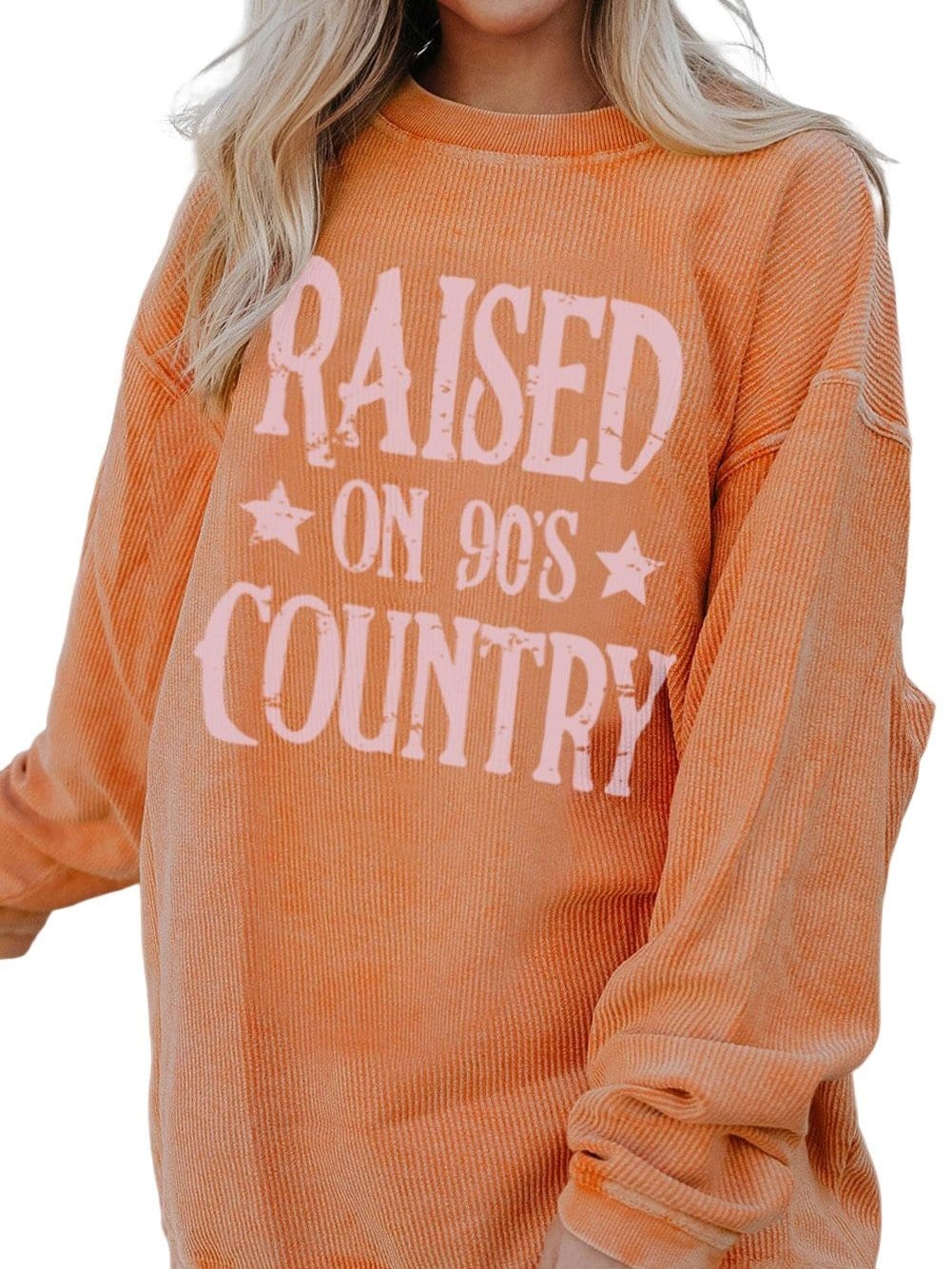 Vibrant Orange Ribbed Long Sleeve Graphic Oversized Sweater