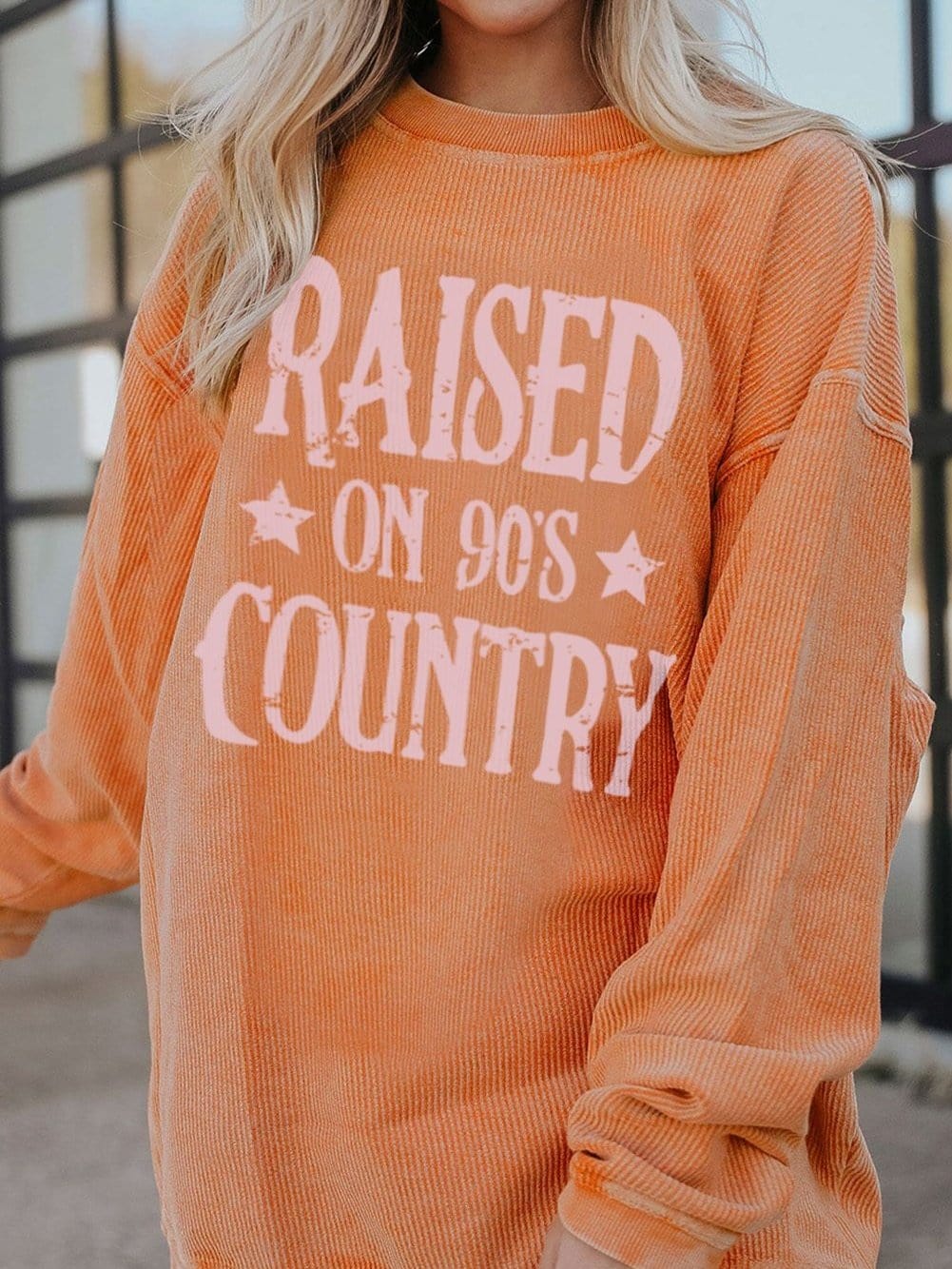 Vibrant Orange Ribbed Long Sleeve Graphic Oversized Sweater