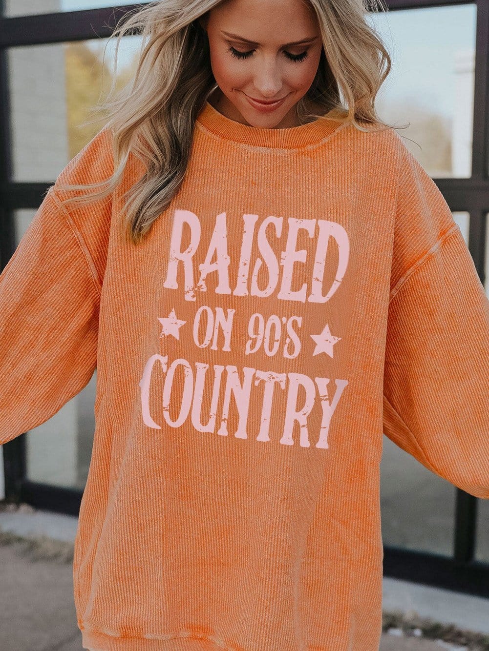 Vibrant Orange Ribbed Long Sleeve Graphic Oversized Sweater