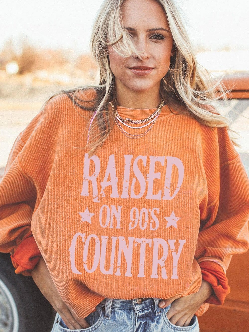 Vibrant Orange Ribbed Long Sleeve Graphic Oversized Sweater