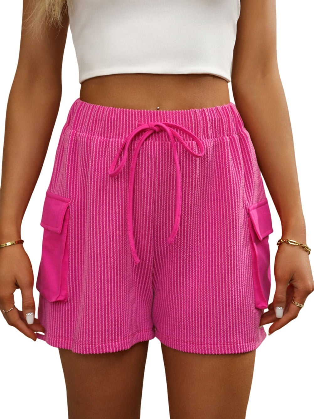Vibrant Pink Corded Texture Cargo Shorts