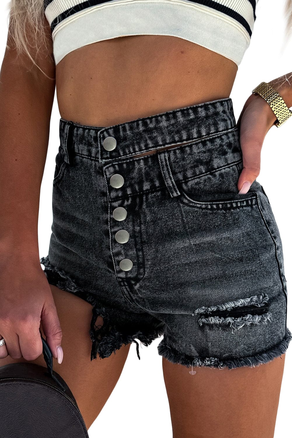 Vintage Black High Waist Multi-Buttoned Denim Shorts with Raw Hem
