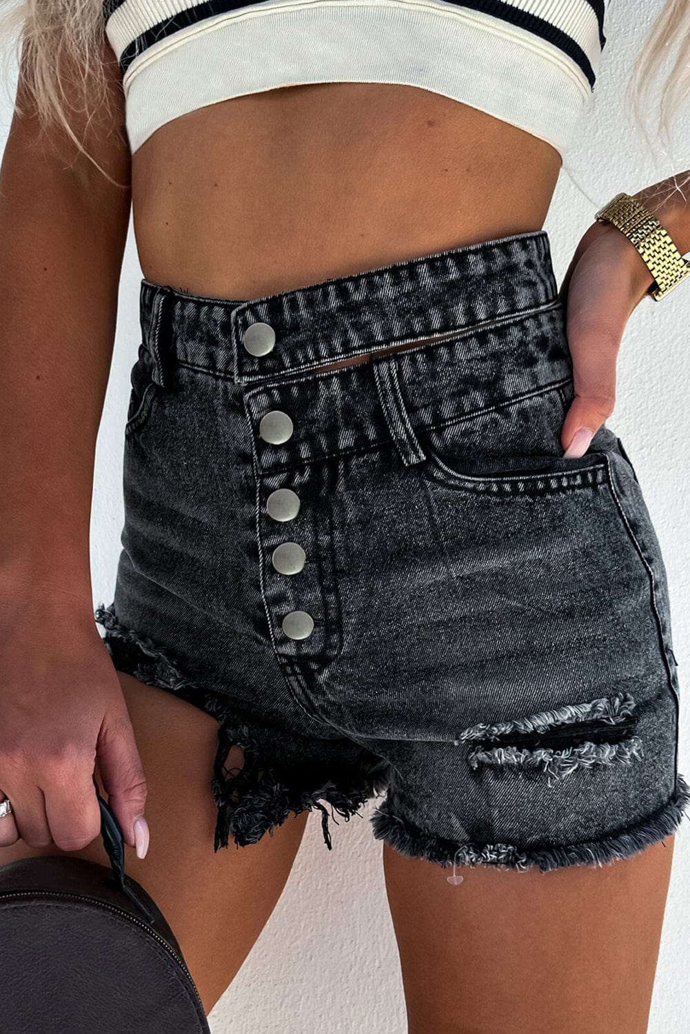 Vintage Black High Waist Multi-Buttoned Denim Shorts with Raw Hem