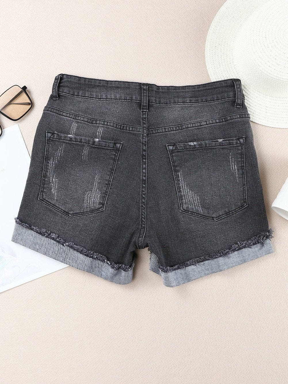 Vintage Chic Distressed Black Denim Shorts with Roll Hem