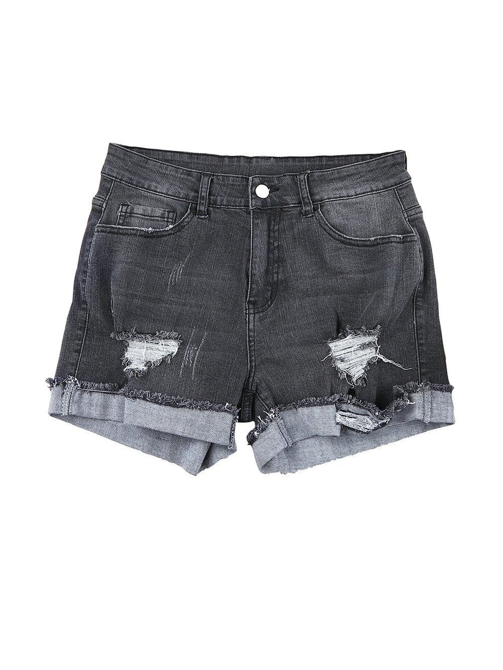 Vintage Chic Distressed Black Denim Shorts with Roll Hem