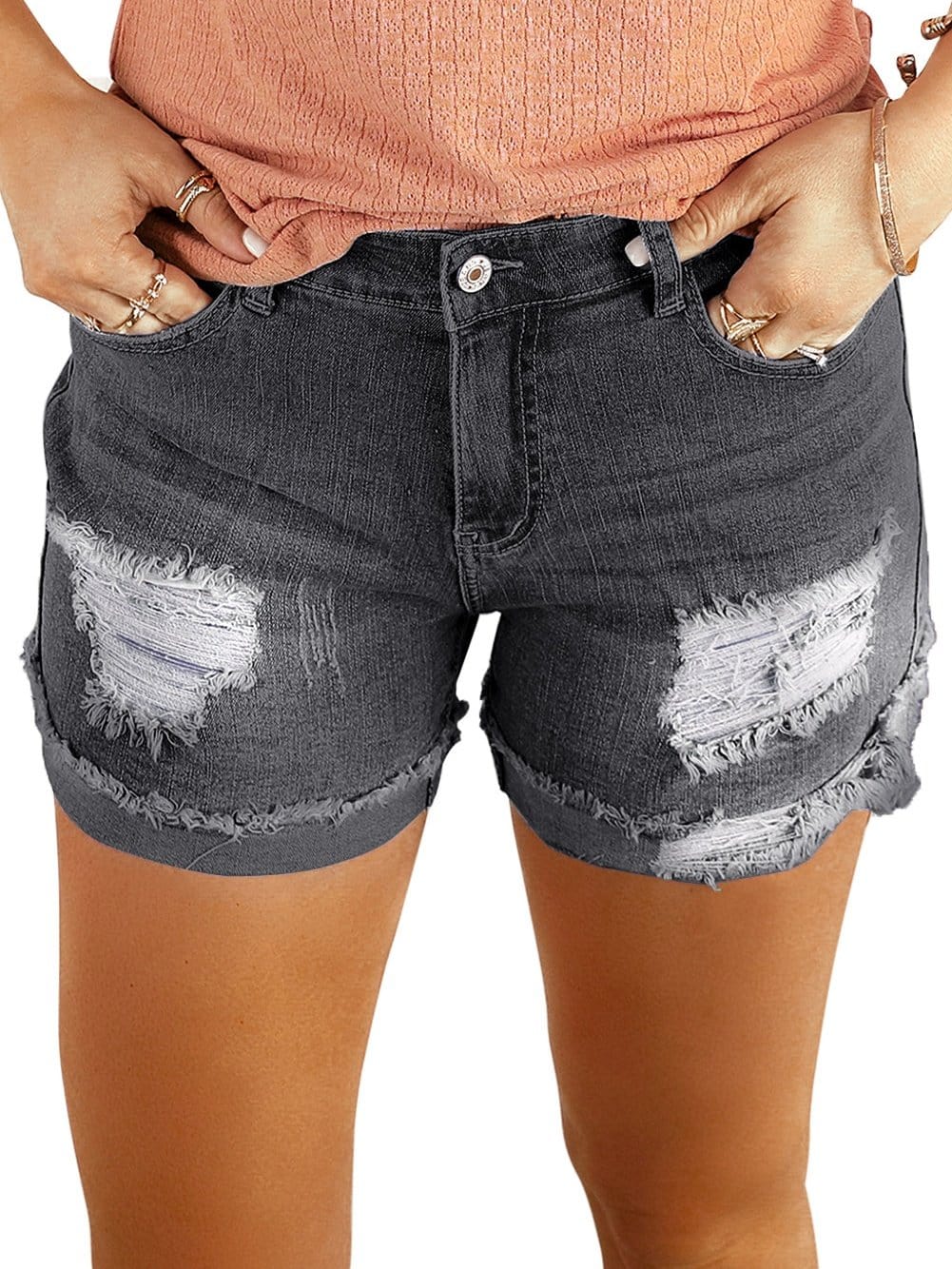 Vintage Chic Distressed Black Denim Shorts with Roll Hem