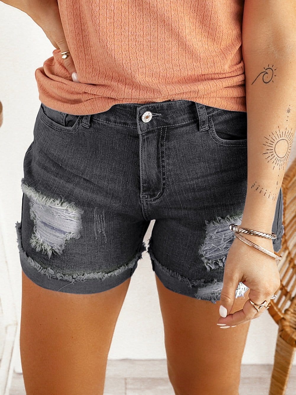 Vintage Chic Distressed Black Denim Shorts with Roll Hem