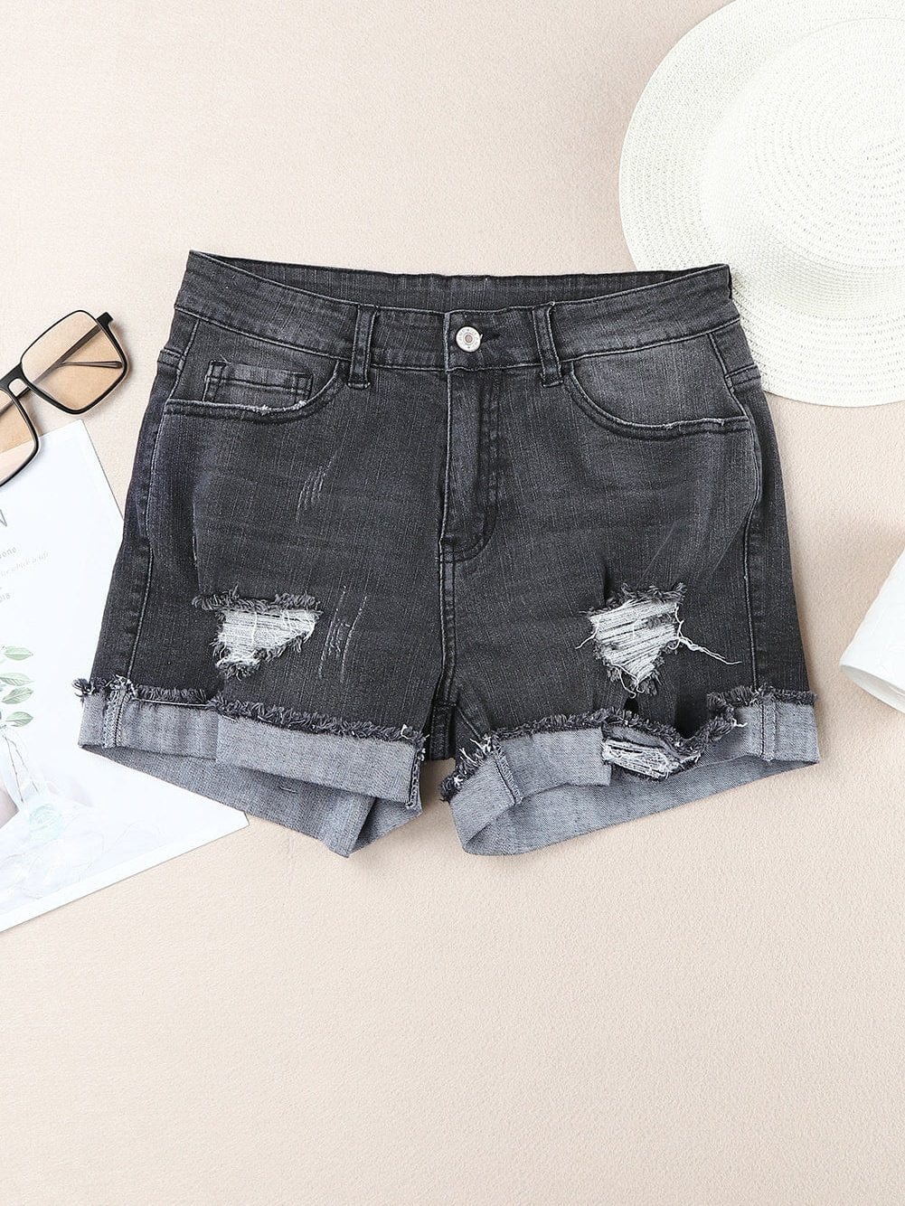 Vintage Chic Distressed Black Denim Shorts with Roll Hem