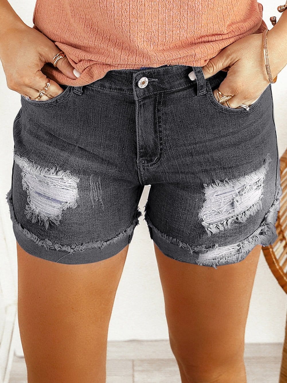 Vintage Chic Distressed Black Denim Shorts with Roll Hem