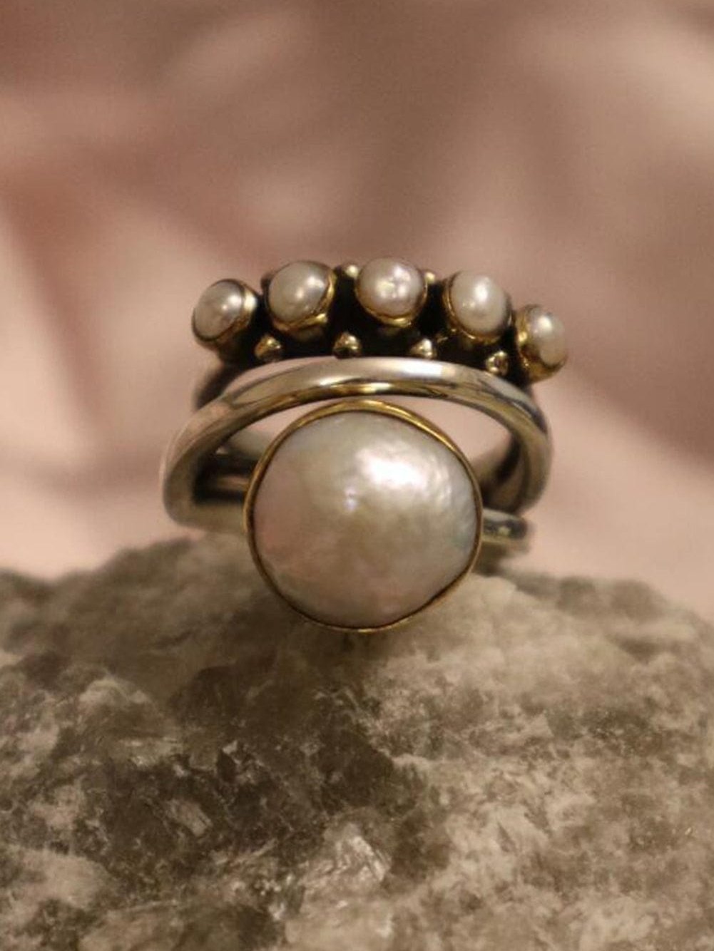 Vintage Silver Pearl Inlay Adjustable Ring