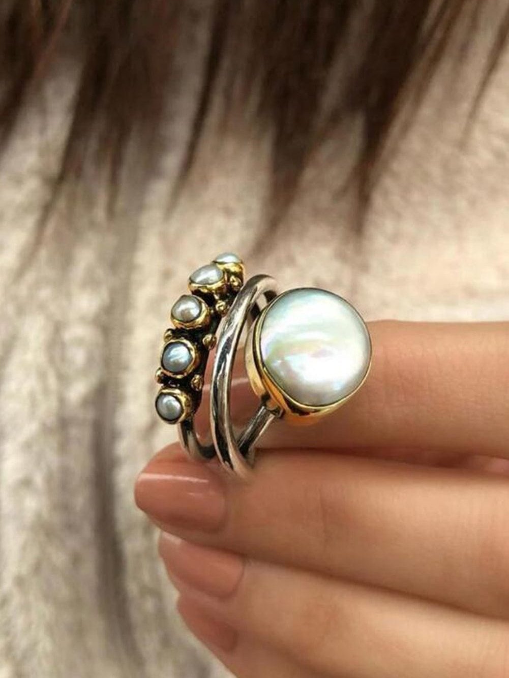 Vintage Silver Pearl Inlay Adjustable Ring