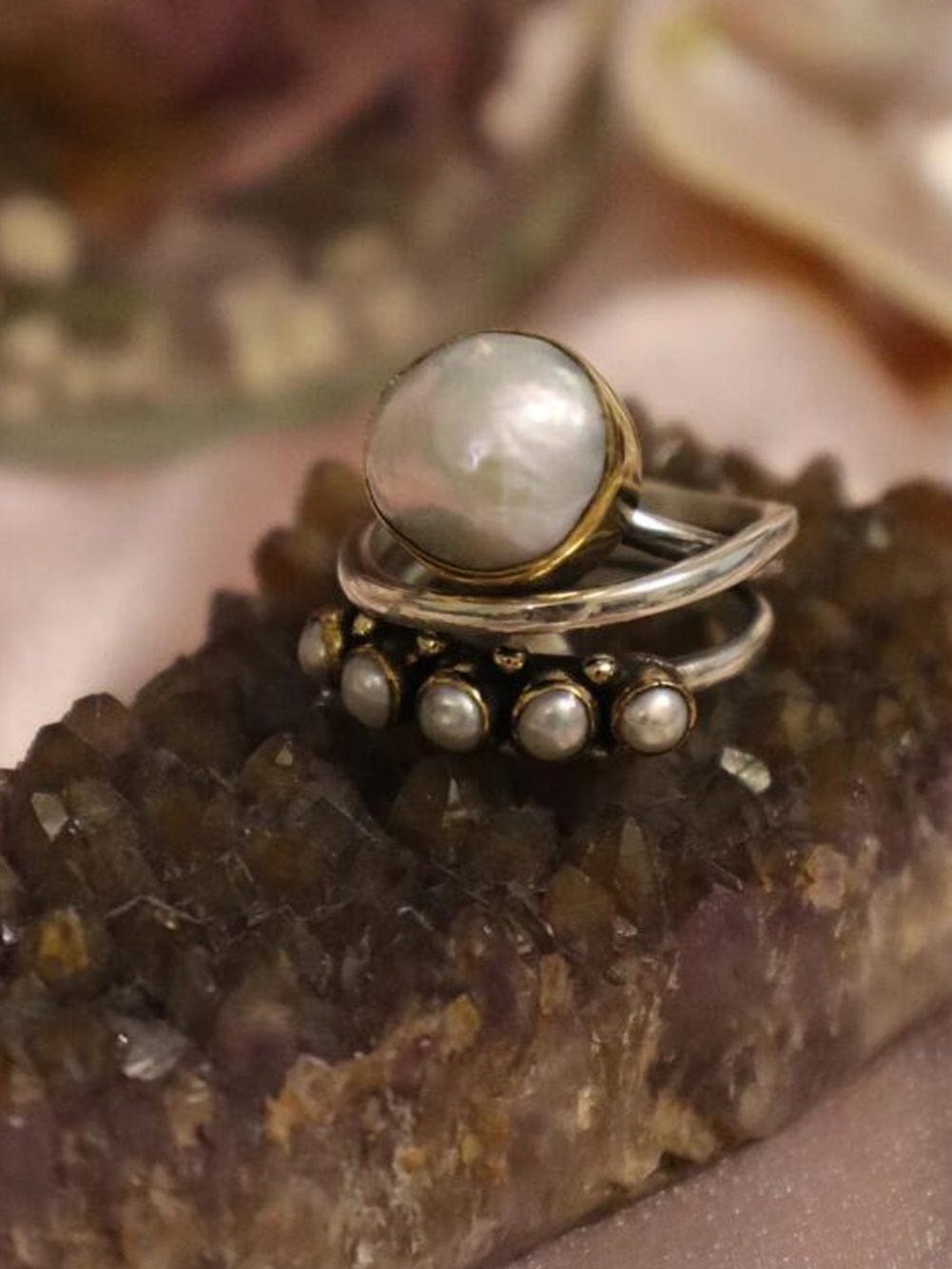 Vintage Silver Pearl Inlay Adjustable Ring