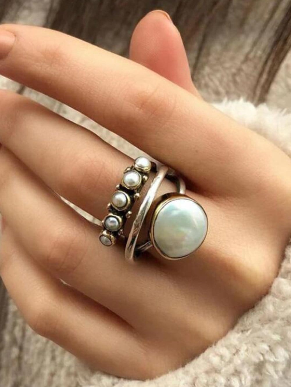 Vintage Silver Pearl Inlay Adjustable Ring