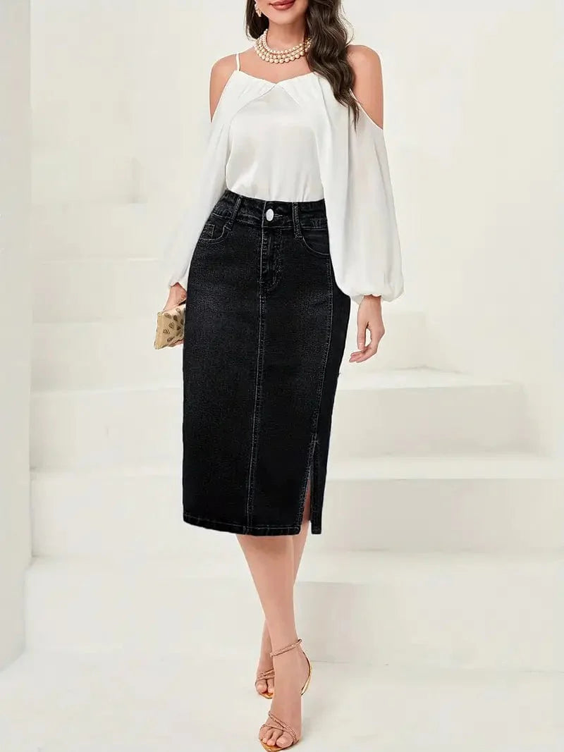 Vintage-Inspired Denim Pencil Skirt with Side Slit