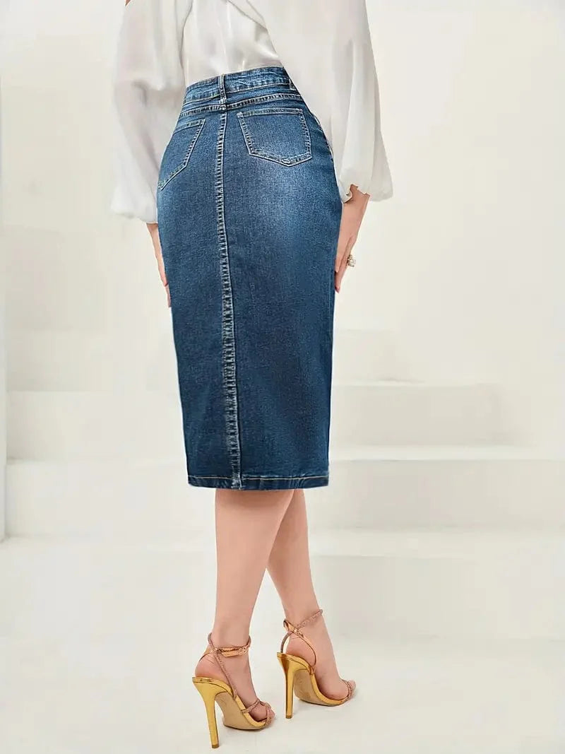 Vintage-Inspired Denim Pencil Skirt with Side Slit