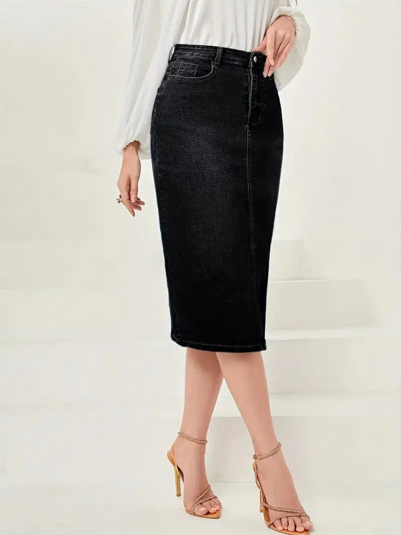 Vintage-Inspired Denim Pencil Skirt with Side Slit