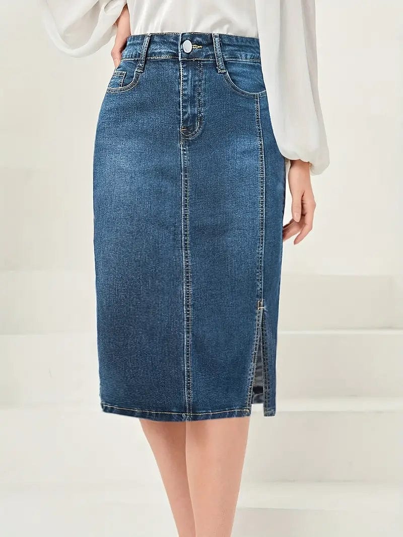 Vintage-Inspired Denim Pencil Skirt with Side Slit