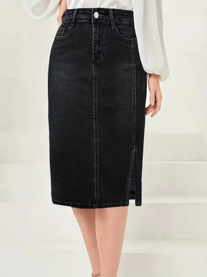 Vintage-Inspired Denim Pencil Skirt with Side Slit