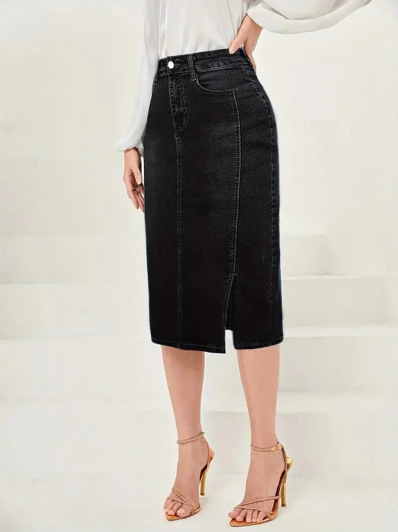 Vintage-Inspired Denim Pencil Skirt with Side Slit