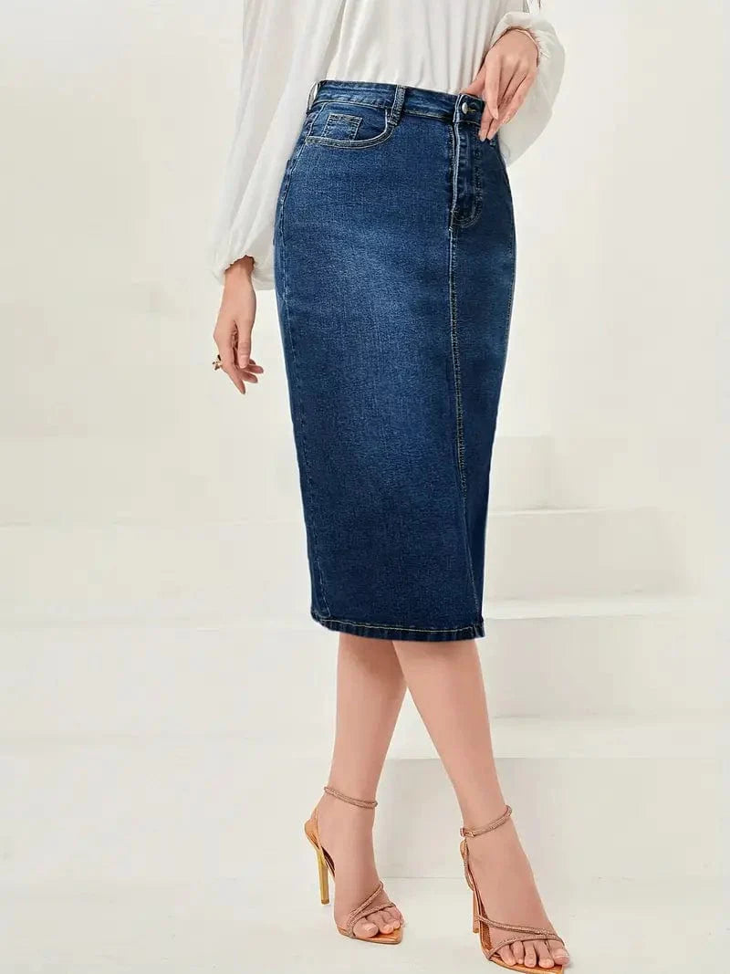 Vintage-Inspired Denim Pencil Skirt with Side Slit