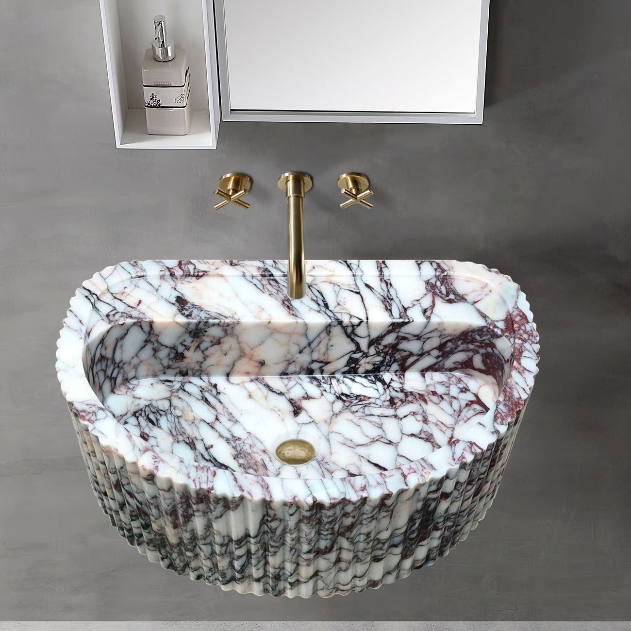 Lavabo de baño de pared de mármol Calacatta Viola, de forma semicircular y acanalado (ancho) 16