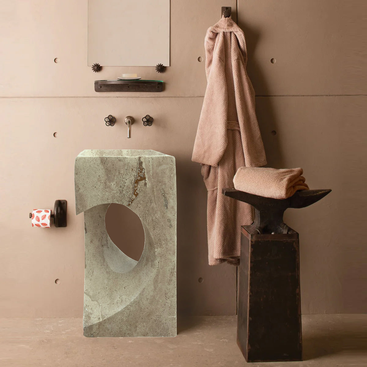 Lavabo independiente con pedestal de diseño de travertino de nogal con forma de hogar (ancho) 18" (largo) 18" (alto) 33"