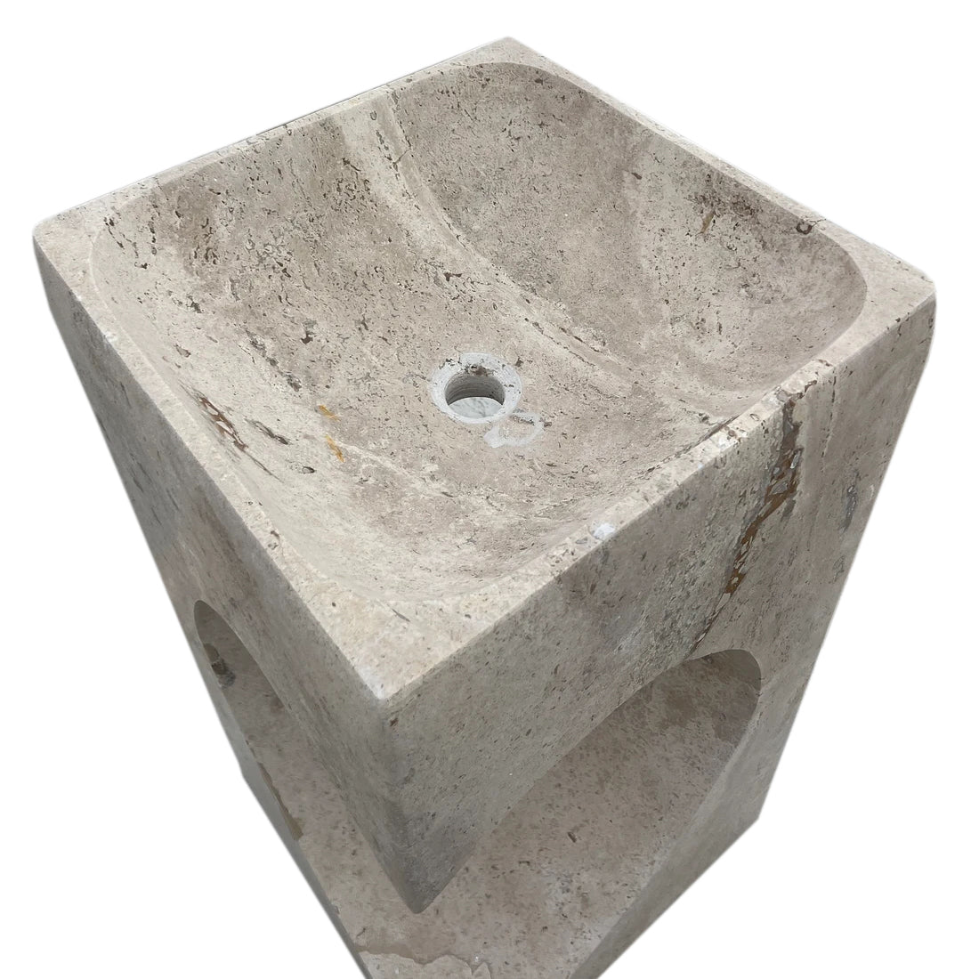 Lavabo independiente con pedestal de diseño de travertino de nogal con forma de hogar (ancho) 18" (largo) 18" (alto) 33"