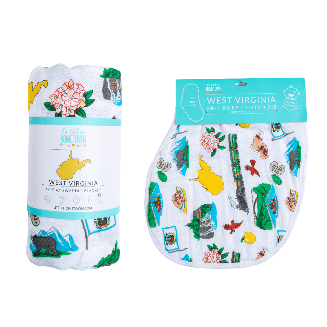 Conjunto de regalo para bebés de Virginia Occidental: manta para envolver al bebé y babero/eructo combinado