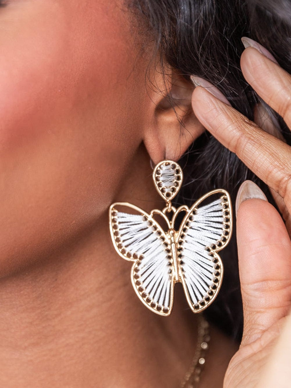 White Butterfly Alloy Threaded Earrings