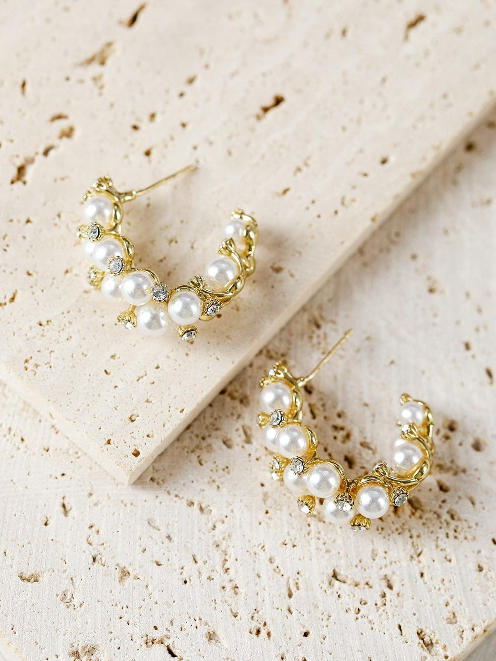 Elegant White Pearl and Rhinestone Hoop Earrings