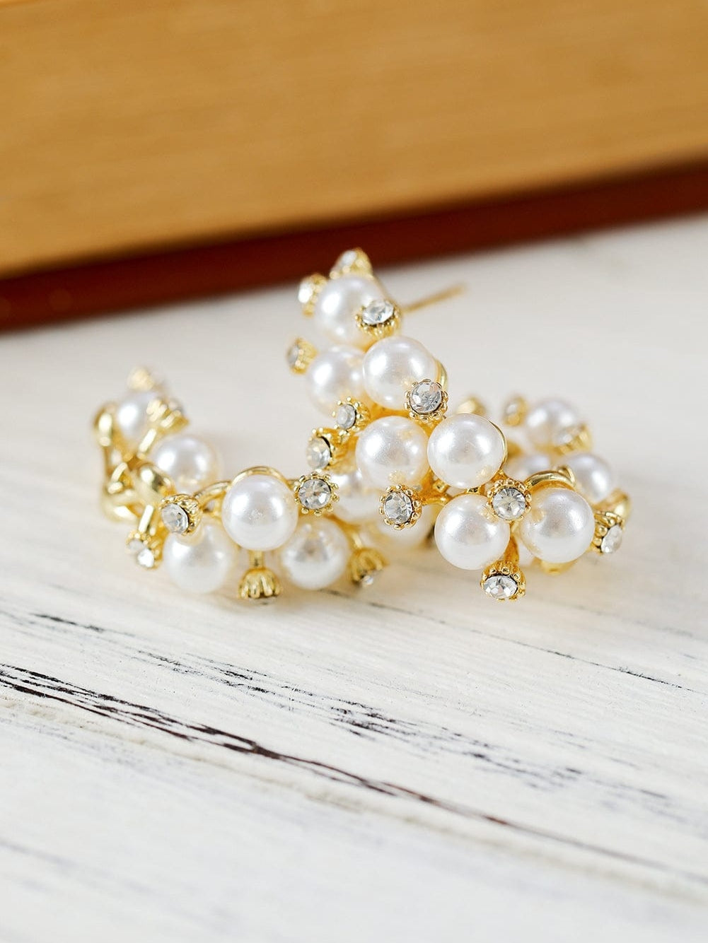 Elegant White Pearl and Rhinestone Hoop Earrings