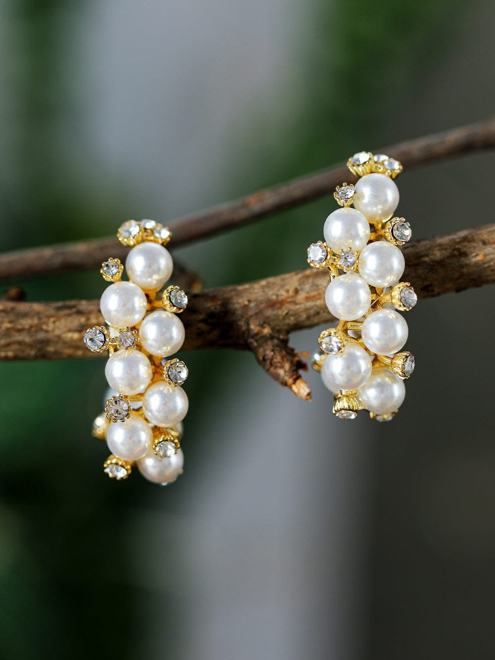 Elegant White Pearl and Rhinestone Hoop Earrings
