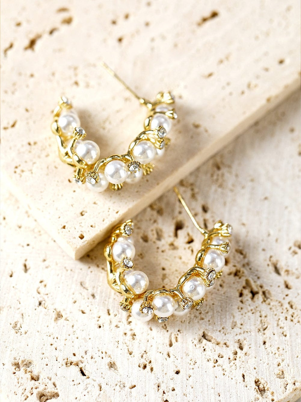 Elegant White Pearl and Rhinestone Hoop Earrings
