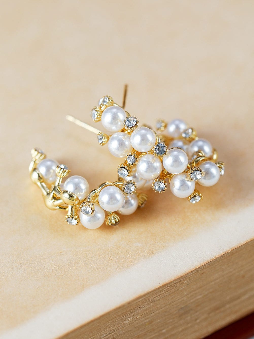 Elegant White Pearl and Rhinestone Hoop Earrings