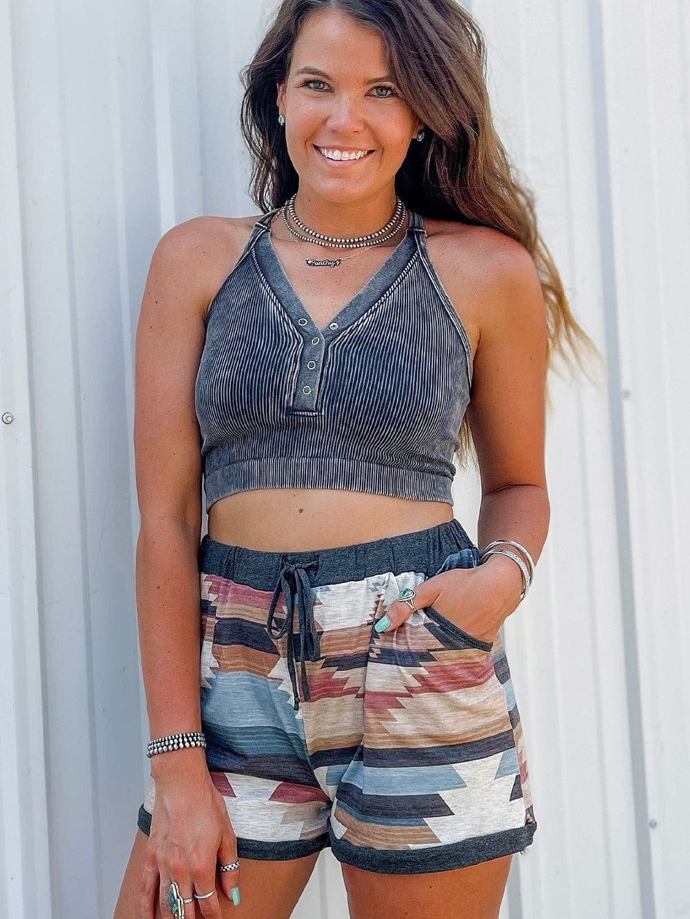 White Geometric Print Drawstring Waist Casual Shorts