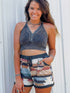 White Geometric Print Drawstring Waist Casual Shorts