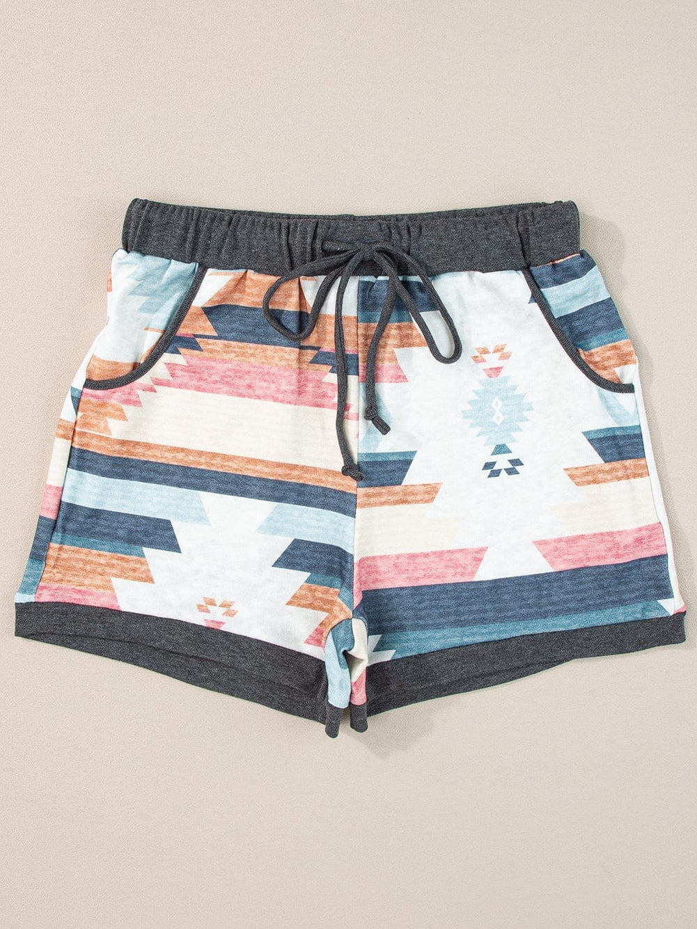 White Geometric Print Drawstring Waist Casual Shorts