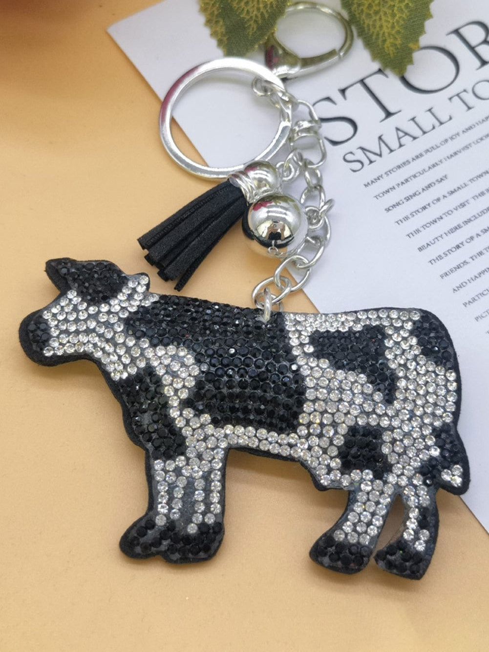 White Rhinestone Cow Pendant Keychain with Tassel