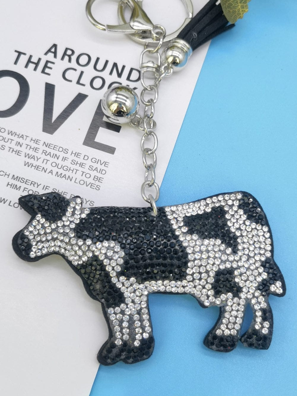 White Rhinestone Cow Pendant Keychain with Tassel