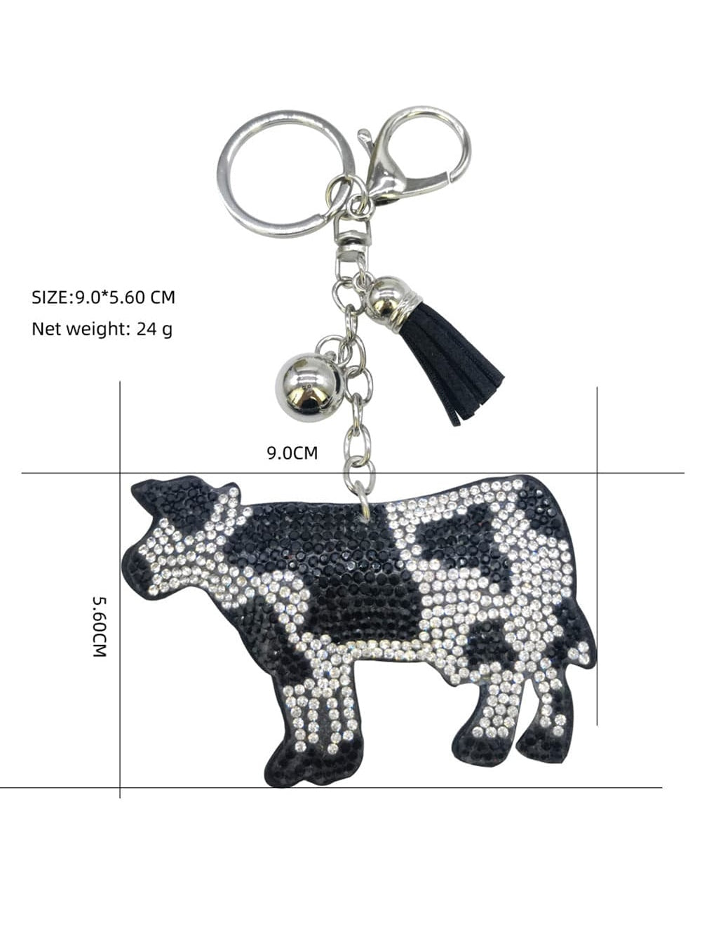 White Rhinestone Cow Pendant Keychain with Tassel