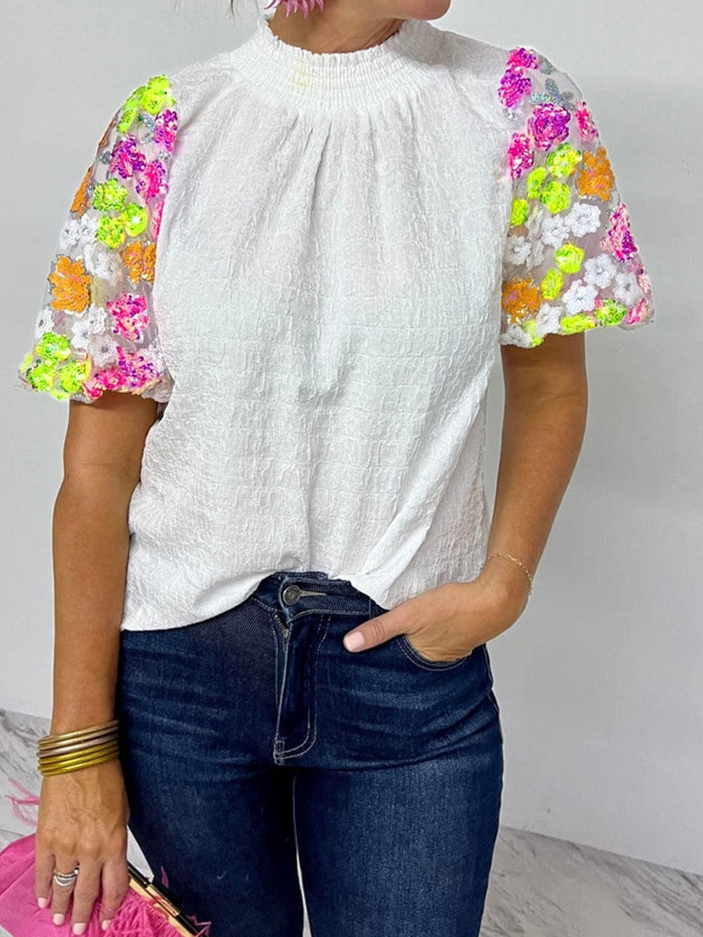 Short Sleeve Sequin Embellished Top