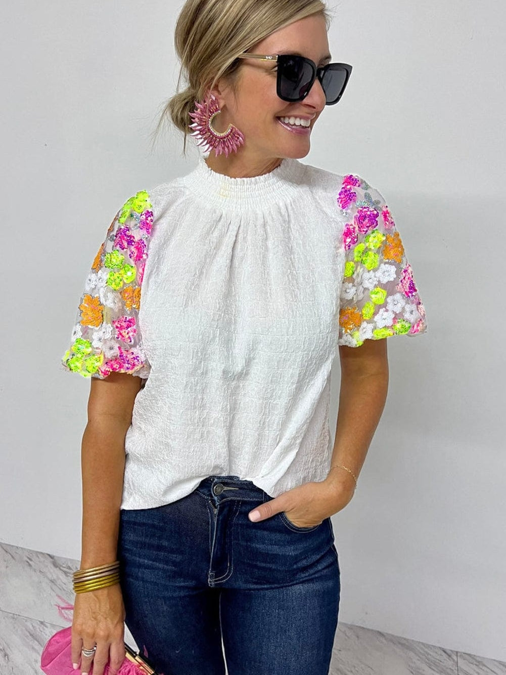 Short Sleeve Sequin Embellished Top