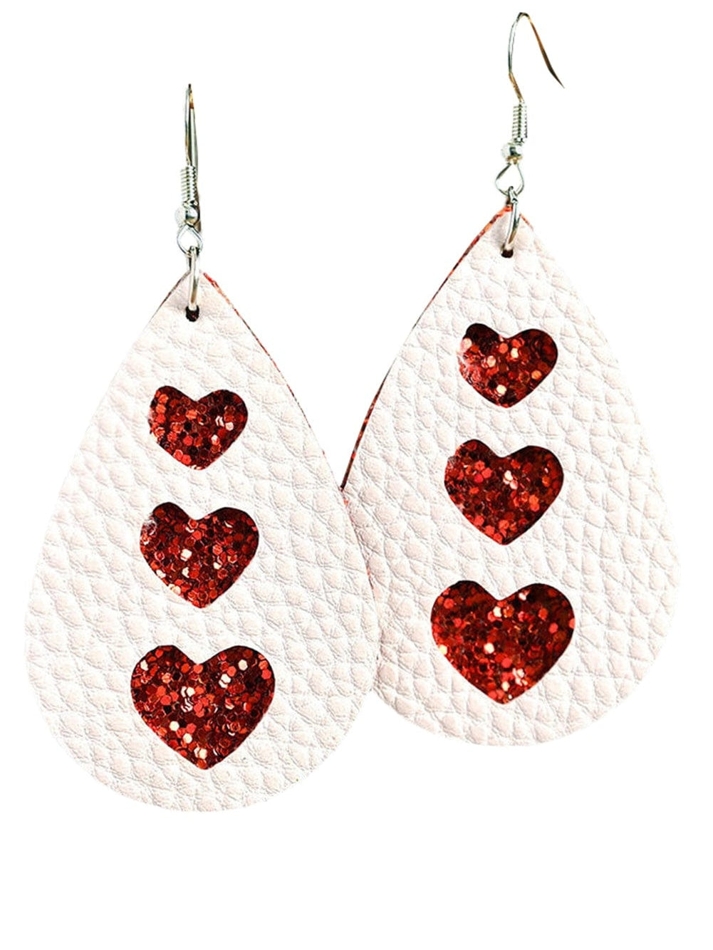 Valentine's Day White Heart Print Leather Teardrop Earrings