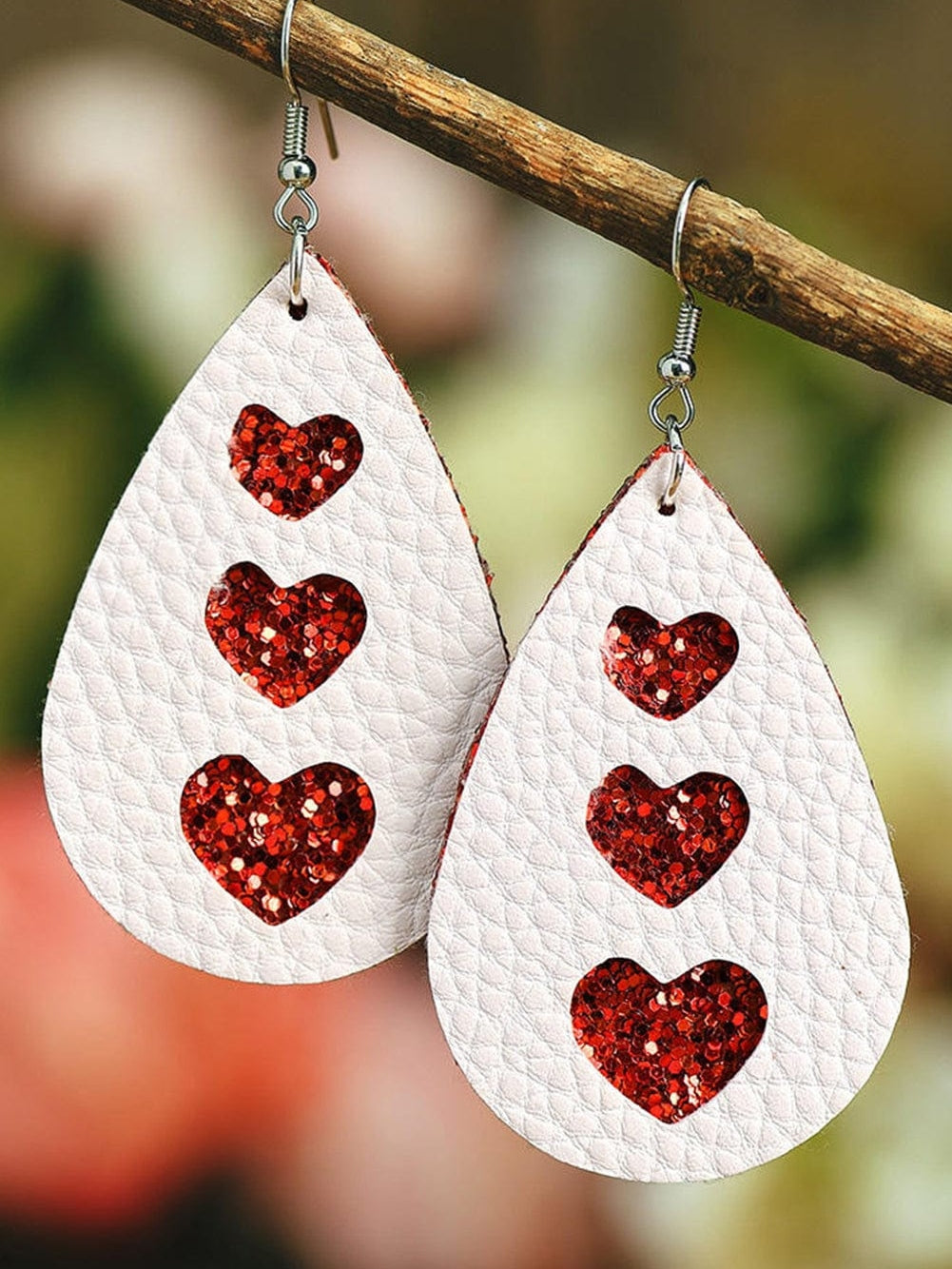 Valentine's Day White Heart Print Leather Teardrop Earrings