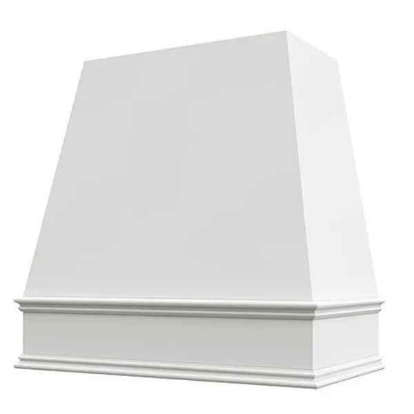 White Wood Range Hood With Tapered Front and Decorative Trim - 30", 36", 42", 48", 54" and 60" Widths Available