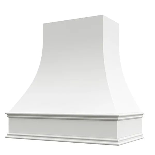 Campana extractora de madera imprimada con frente curvo y moldura decorativa: anchos disponibles de 30", 36", 42", 48", 54" y 60"