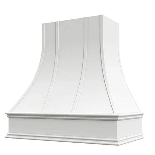 Primed Range Hood With Curved Strapped Front and Decorative Trim - 30", 36", 42", 48", 54" and 60" Widths Available