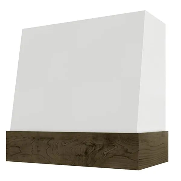 Campana extractora de madera blanca con frente en ángulo y banda de nogal: anchos disponibles de 30", 36", 42", 48", 54" y 60"