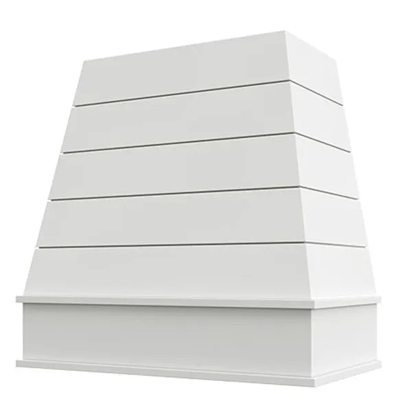 White Wood Range Hood With Tapered Shiplap Front and Block Trim - 30", 36", 42", 48", 54" and 60" Widths Available